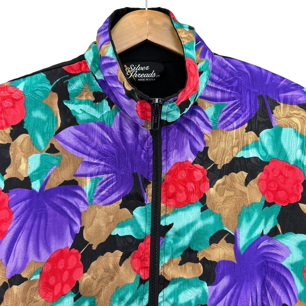 VTG Silver Threads Floral Track Jacket Black SZ L Made in USA Flowercore 90s 80s